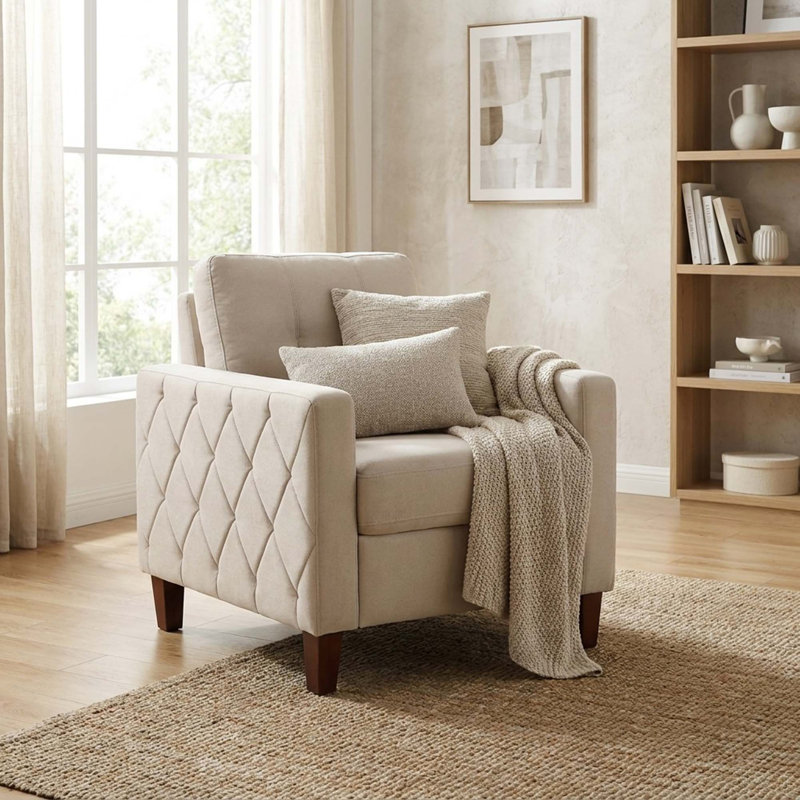 Chaise d'appoint transitionnelle capitonnée à boutons avec accoudoirs carrés et bordure passepoilée