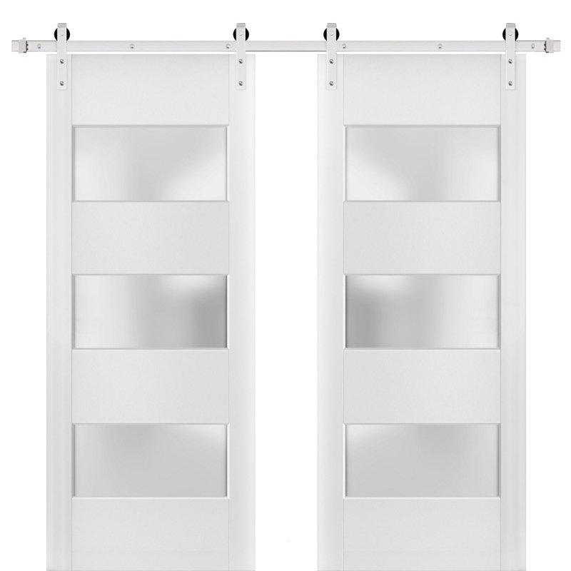 Porte de grange double robuste avec verre givré 3 lumières | Lucia 4070 soie blanche | Ensemble de 13 cintres lourds pour rail | Portes intérieures à panneau plein - Rail argenté