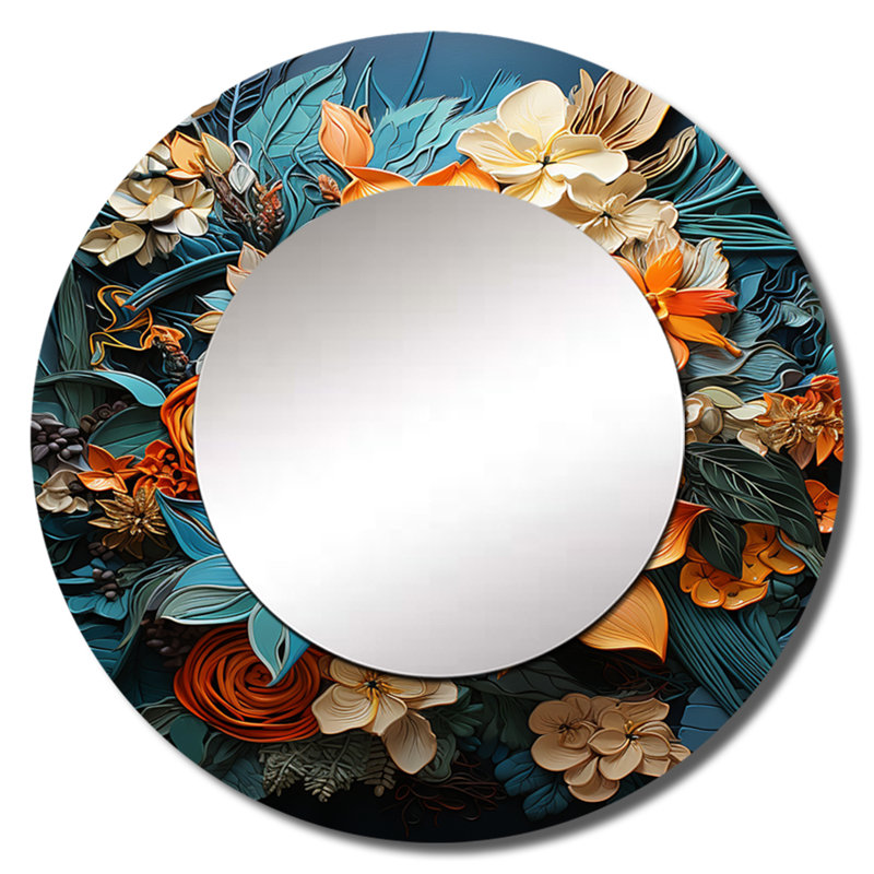 «Setara Orange Blue Tropical Tangle III», miroir décoratif de collages abstraits, miroir mural rond moderne, impression d'art en métal