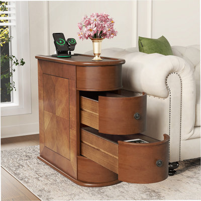 Table de bout avec station de charge et tiroirs, aucun assemblage requis, parfaite pour le salon et la chambre à coucher