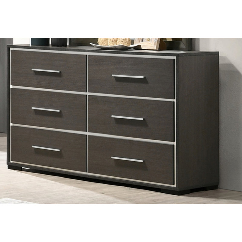 Commode contemporaine à 6 tiroirs avec accents chromés, commode de rangement pour la chambre à coucher
