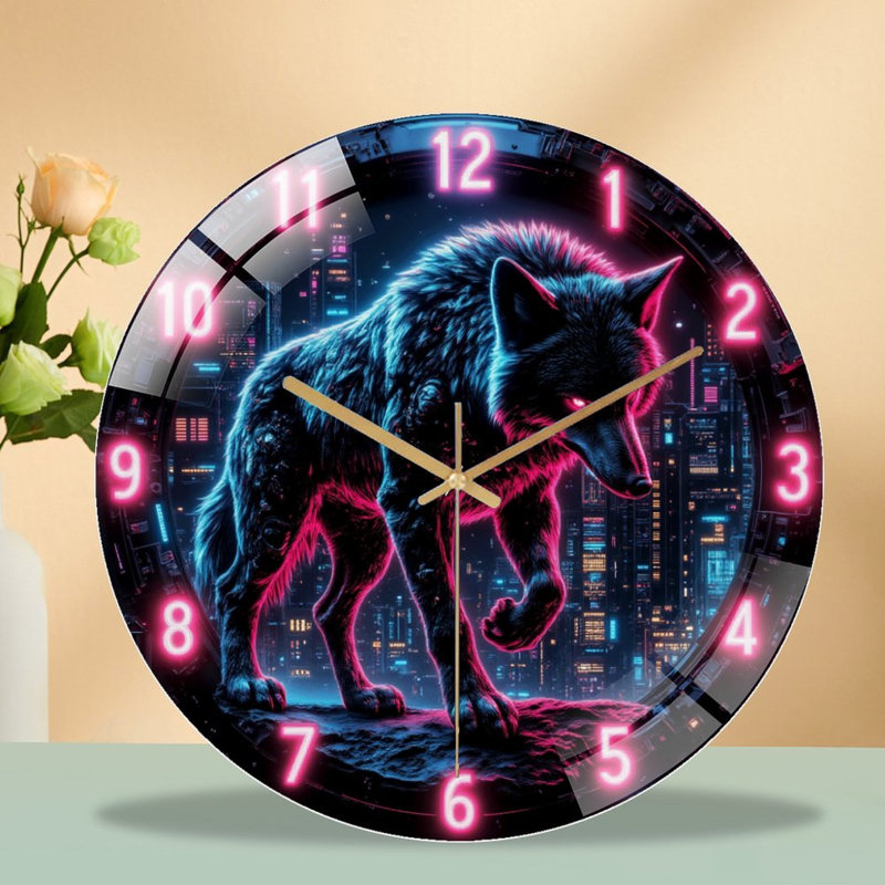 Horloge murale futuriste en forme de loup néon - 12 po