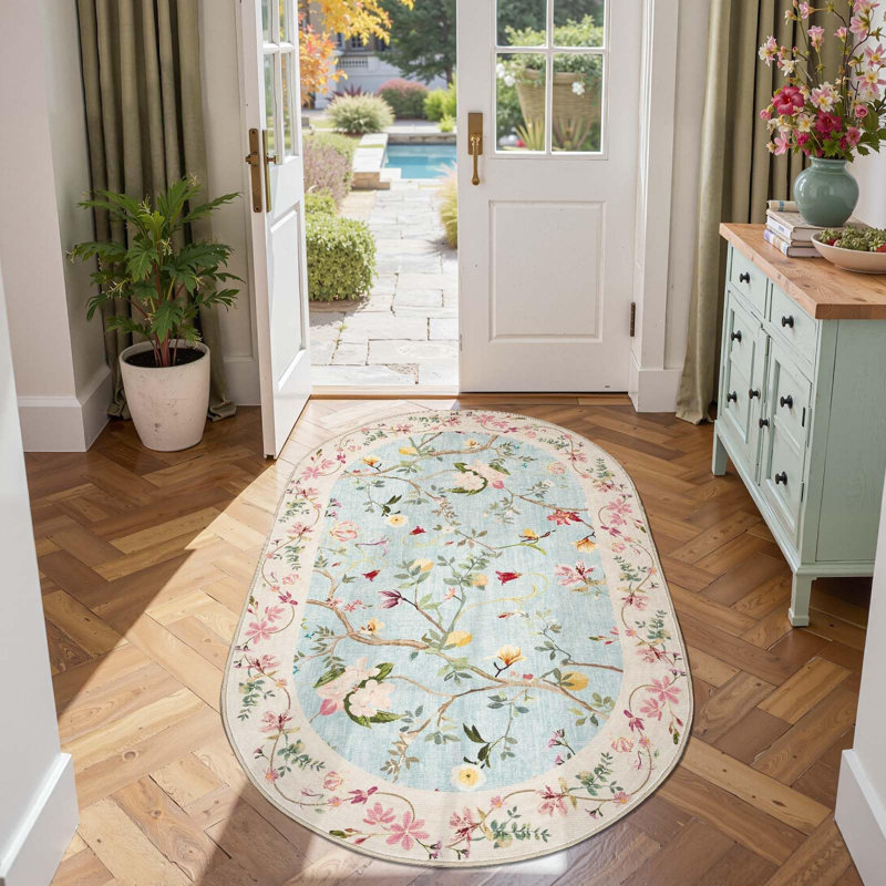 Chinoiserie Vintage Floral Rug Washable Non-slip, Rectangle 2' x 3', Blue/Pink