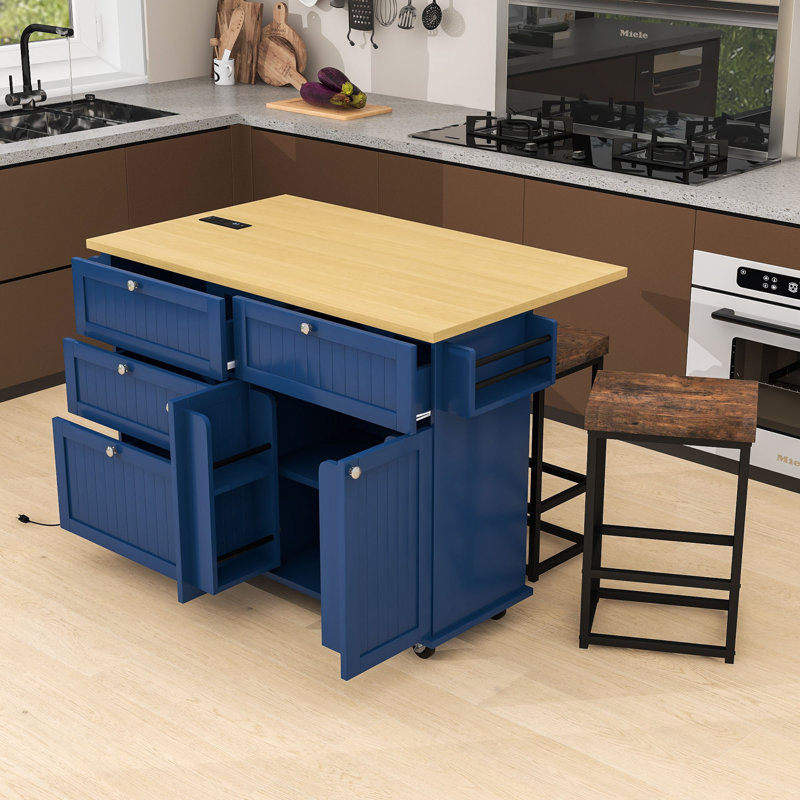 Farmhouse Rolling Kitchen Island with Drop Leaf, Storage Cabinet, Drawers, Power Outlet and 2 Stools, Blue