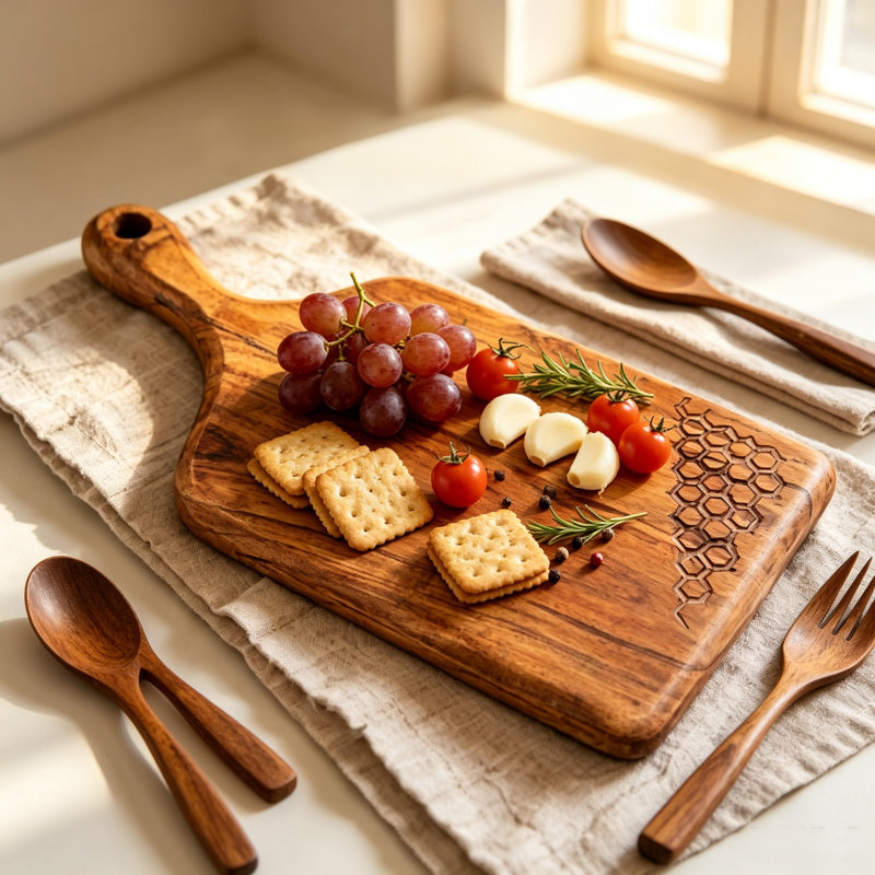 Acacia Wood Cutting Board with Handle, Paddle Serving Board for Kitchen, Charcuterie Cheese Board with Hanging Hole, Decorative Carved Wooden Board for Cooking and Serving
