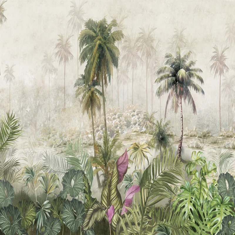 Murale rétro dans la jungle botanique et la forêt de palmiers, L 96 po x l 108 po