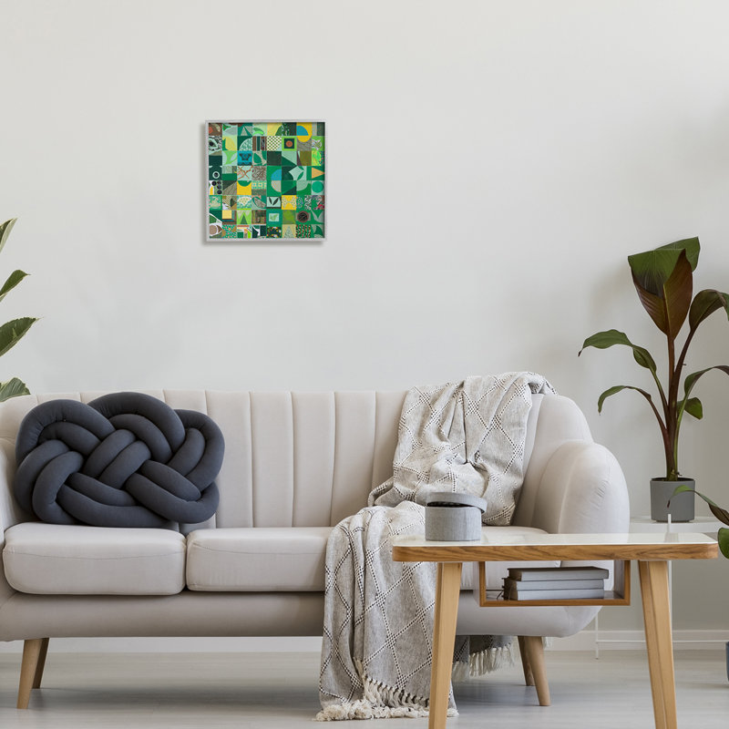 Collage géométrique vert encadré sur bois par Pamela Fingado, Estampe numérique Farmhouse, H 12 po x l 12 po x P 1,5 po