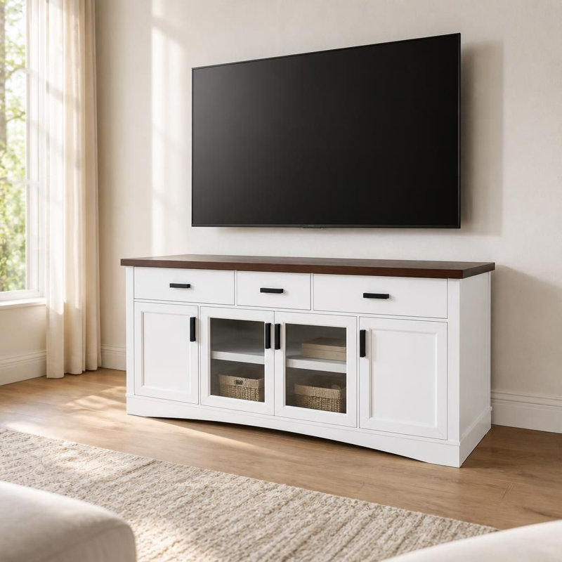 Meuble télé multimédia de 170 cm de large avec portes vitrées, tiroirs de rangement et tablettes réglables. Console multimédia robuste en bois d'ingénierie avec gestion des câbles intégrée. Convient aux écrans jusqu'à 165 cm. Solution de rangement polyvalente pour le mobilier et les appareils multimédias du salon.