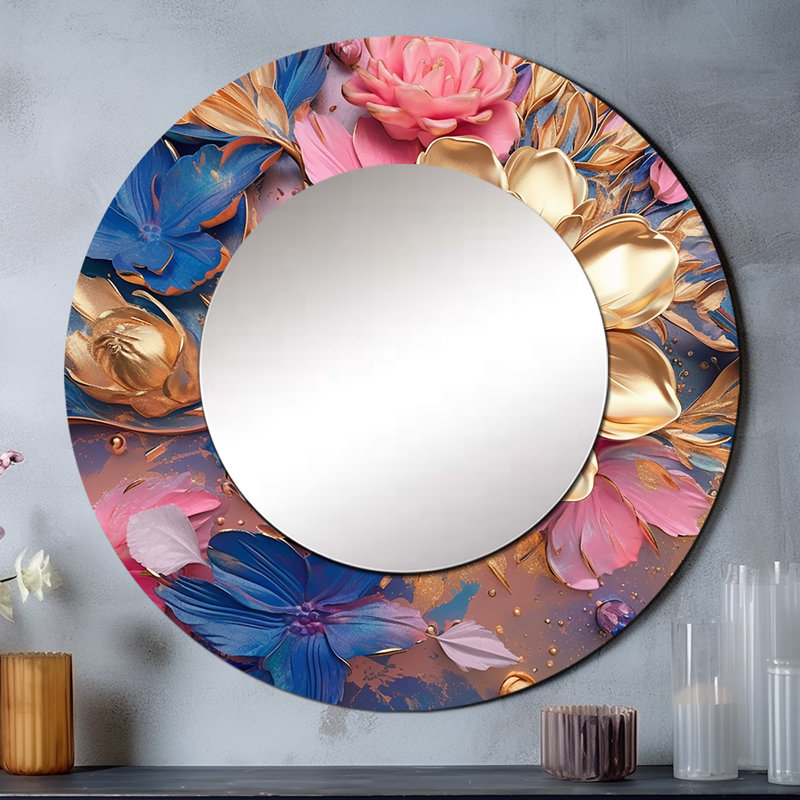Grand miroir mural Salil, pivoine rose avec feuilles dorées I - coquelicots, miroir rond doré, 36 po x 36 po