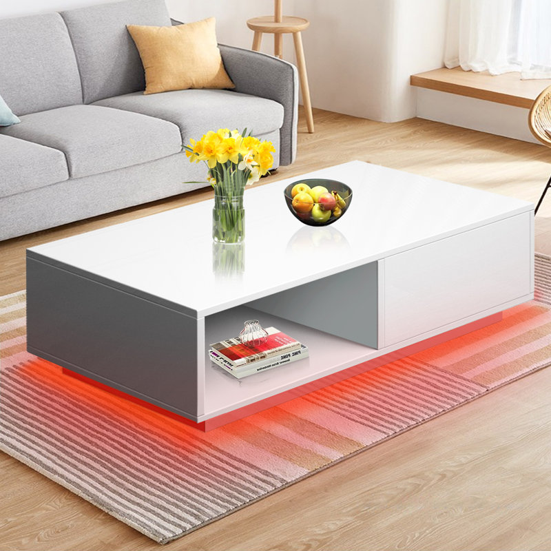  Table basse rectangulaire rectangulaire avec tiroir, table d'appoint centrale avec lumière DEL 16 couleurs, Blanc