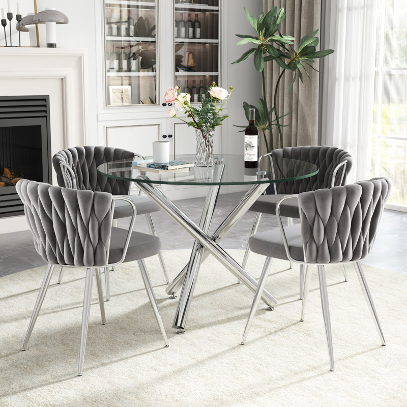 Elegant Round Glass Dining Table Set, Grey,  5 Pieces: Table, 4 Chairs, Silver