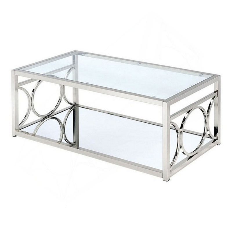 Table basse Paire de 47 po, plateau en verre, tablette inférieure en miroir, détails en métal