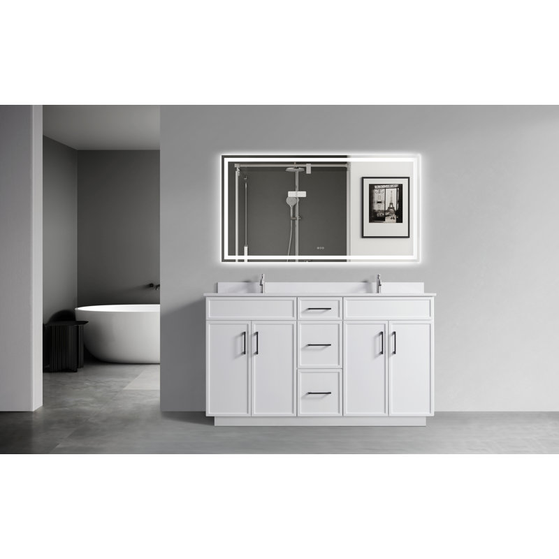 60" White Double Sink Freestanding Bathroom Vanity with Cultured Marble Top