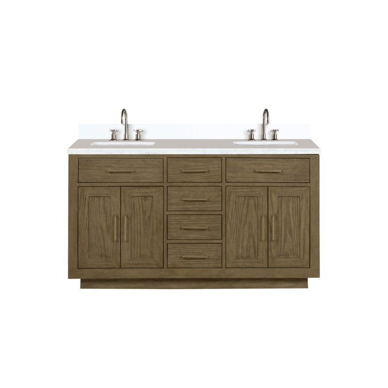 Meuble-lavabo double en chêne 60 po X P 22 po D, plateau en quartz blanc et ensemble de robinet, Gris, Nickel brossé, 60"