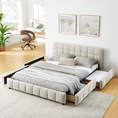 Lit tapissier, base de lit tapissier confortable, tissu chenille, avec tête de lit et base de lit solide. Avec tiroir pour le rangement (88,5 po x 68,5 po x 31 po)