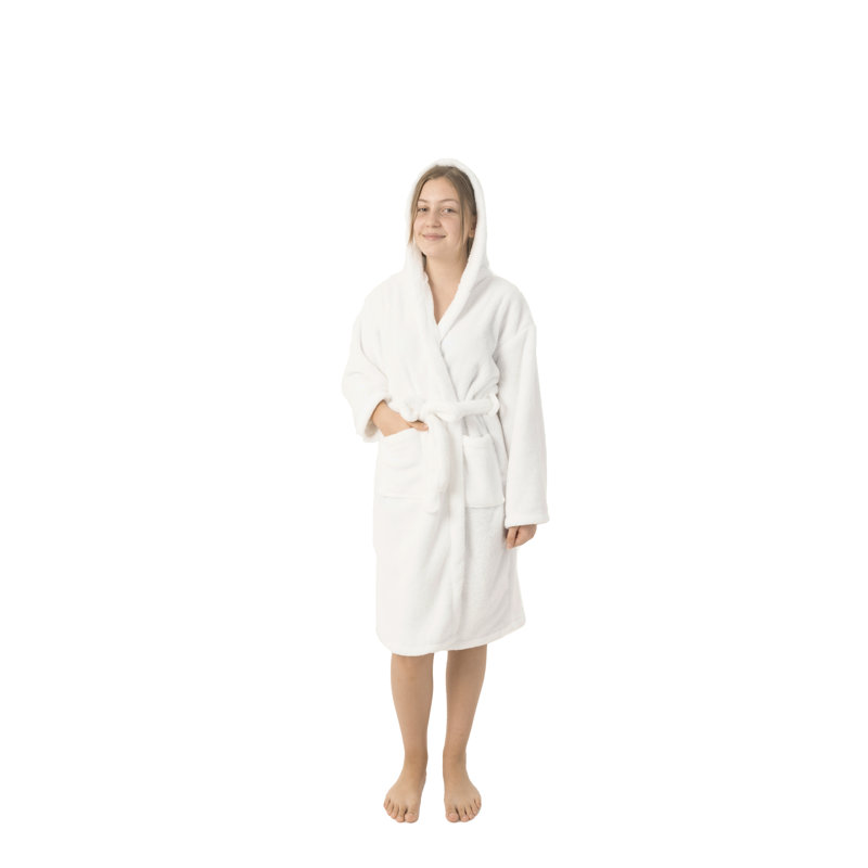Peignoir 100% microfibre en molleton avec poches et capuche pour les enfants, Blanc, S