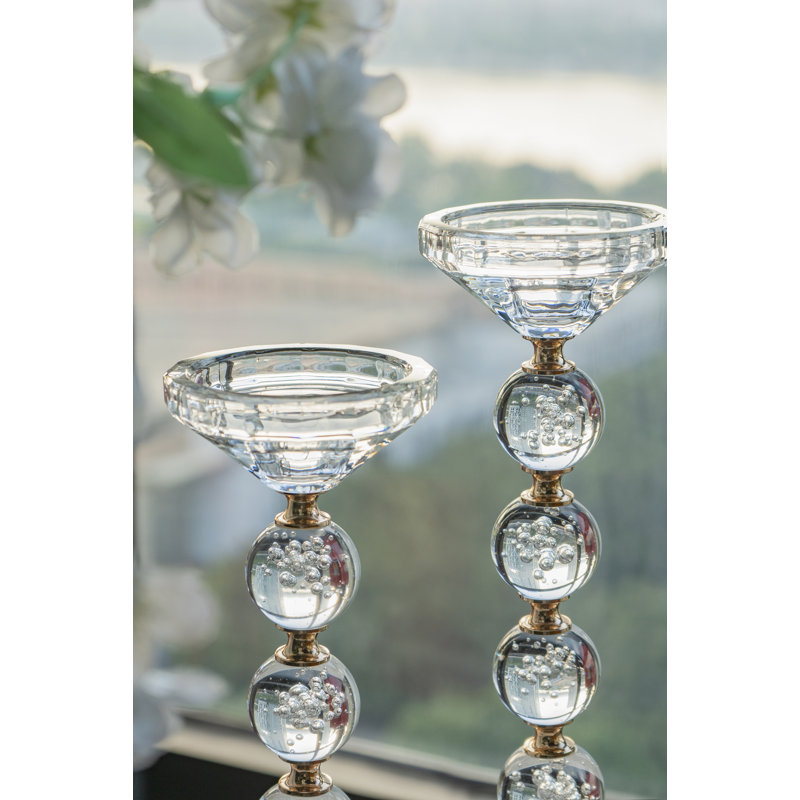 D3.5X11" Clear Glass Pillar Candle Holder With Gold Alloy Accents, 10.8" H x 3.5" W x 3.5" D