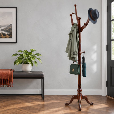 Walnut Brown Heavy-Duty Solid Wood Coat Tree with 13 Hooks, Offering Space-Saving Freestanding Clothing Storage in Entryways, Offices and Corners