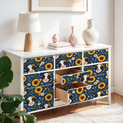 Papier peint auto-adhésif fantaisiste vache tournesol bleu profond auto-adhésif et amovible 17,7 po x 118 po (45 x 300 cm)