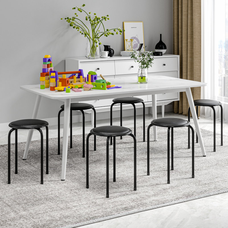 Set Of 6 Stacking Stools With Padded Seats, 17 Inch Standard Height Padded Stack Stools With Leather Surface, Portable Nesting Round Metal Stools For Home Kitchen Indoor Outdoor, Assorted Color, Pack Of 6