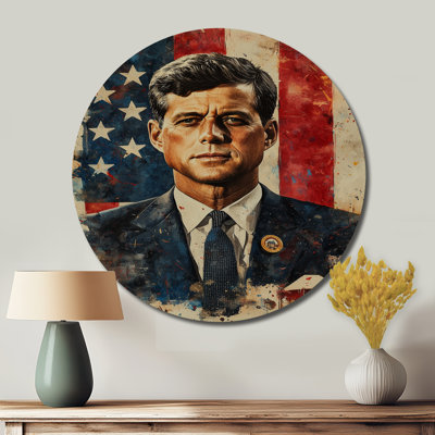 «Jfk President on the USA Flag I», art mural rond en métal, impression sur métal bleu traditionnel