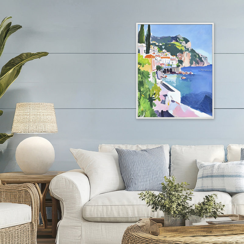 Giclée encadrée de la côte italienne colorée, design par Riley B, H 30 po x l 24 po