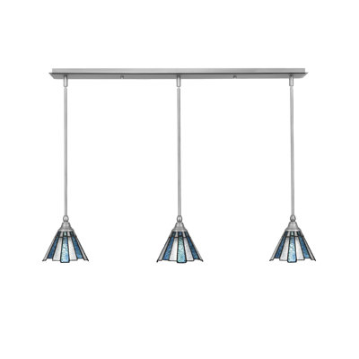 Luminaire suspendu linéaire à 3 lumières suspendu au fini nickel brossé avec verre de glace de mer de 7 po