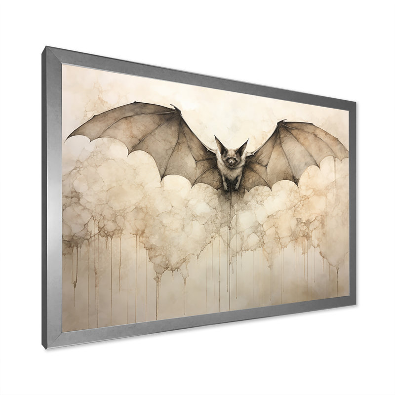 Ailes ouvertes de chauve-souris beiges sur toile, H 16 po x l 32 po x P 1 po, Cadre photo argenté