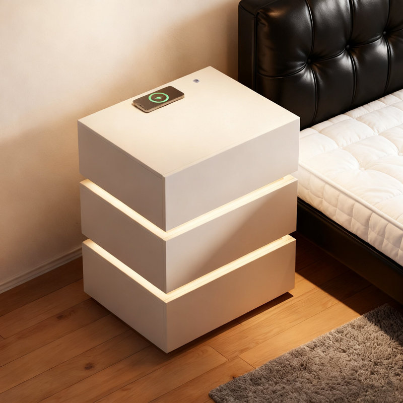 3-Drawer LED Smart  Nightstand with Light, White