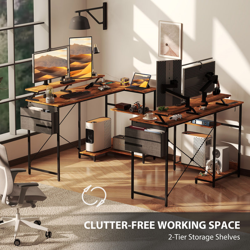 58" Reversible L Shaped Desk with Monitor Stand, Corner Computer Desk with LED Lights, Brown