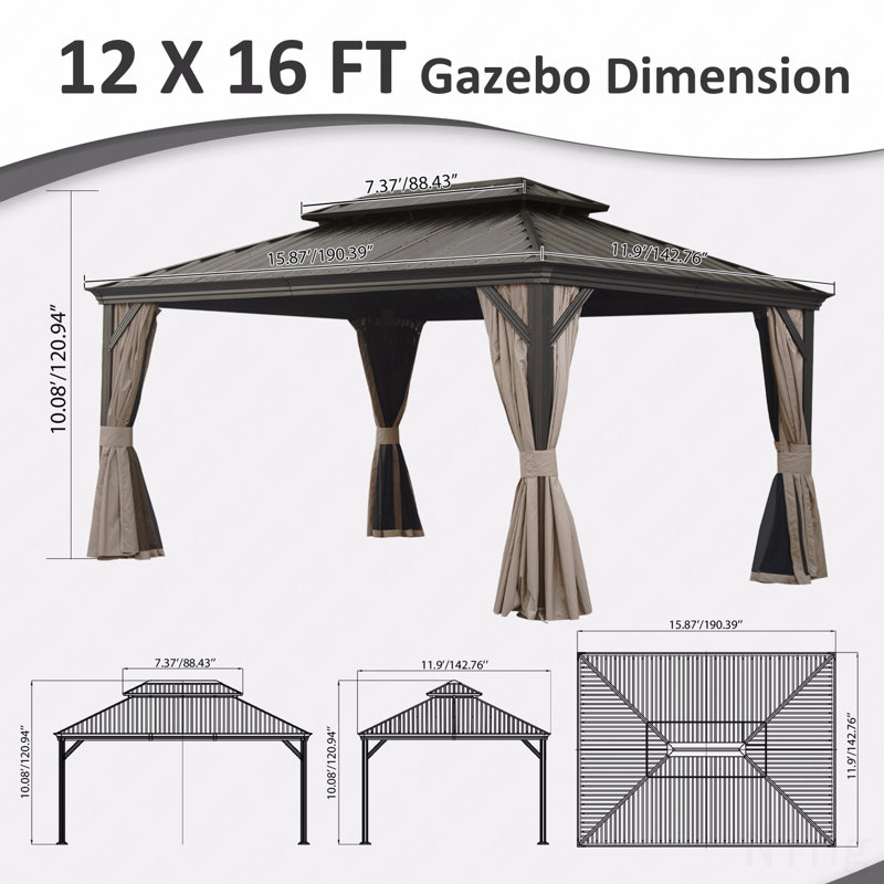 12X16FT Gazebo Metal, Mosquito Net For Outdoor Use With Galvanized Steel Double Roof & Drainage System (Brown), Brown