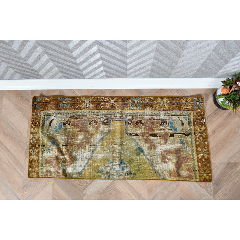 Tapis en laine antique bronze Oushak idéal pour les vestibules et les salles de bain avec un design rétro complexe