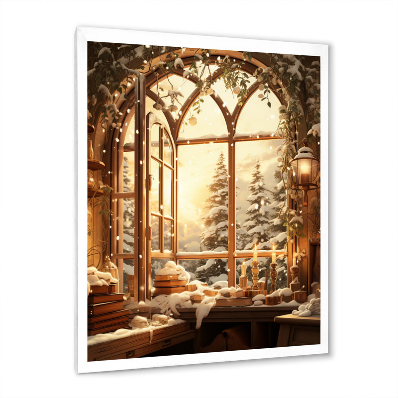 «Christmas Winter Window View I - Winter Landscape», impressions sur toile, Cadre simple blanc, H 32 po x l 24 po x P 1 po