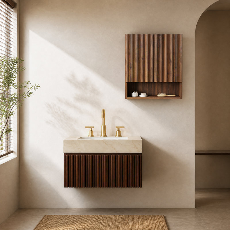 Ensemble meuble-lavabo suspendu et armoire de rangement murale de style moderne du milieu du siècle, avec plateau en pierre frittée et portes à fermeture douce.