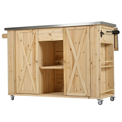 Practical Outdoor Kitchen Center - Fir Wood Build, Stainless Steel Foldable Top, Storage Options, Towel & Spice , Bottle Opener, Transportable With Lockable Wheels Island Wood, Spacious Storage,