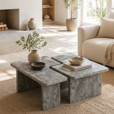 Modular Concrete Coffee Table Set of 2, Nesting L-Shaped Puzzle Center Table, Faux Stone Look Square or Rectangular Cocktail Table with Slab Legs for Modern Industrial Living Room