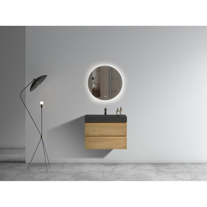 Meuble-lavabo de 30 po avec lavabo Alice - grand rangement, mural, flottant, style moderne, pré-assemblé, Chêne