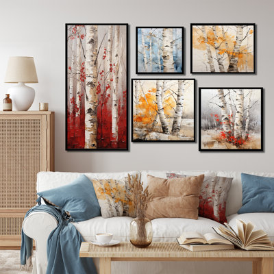 Bois de bouleau blanc et rouge en hiver V - ensemble de 5 impressions sur toile de bouleau