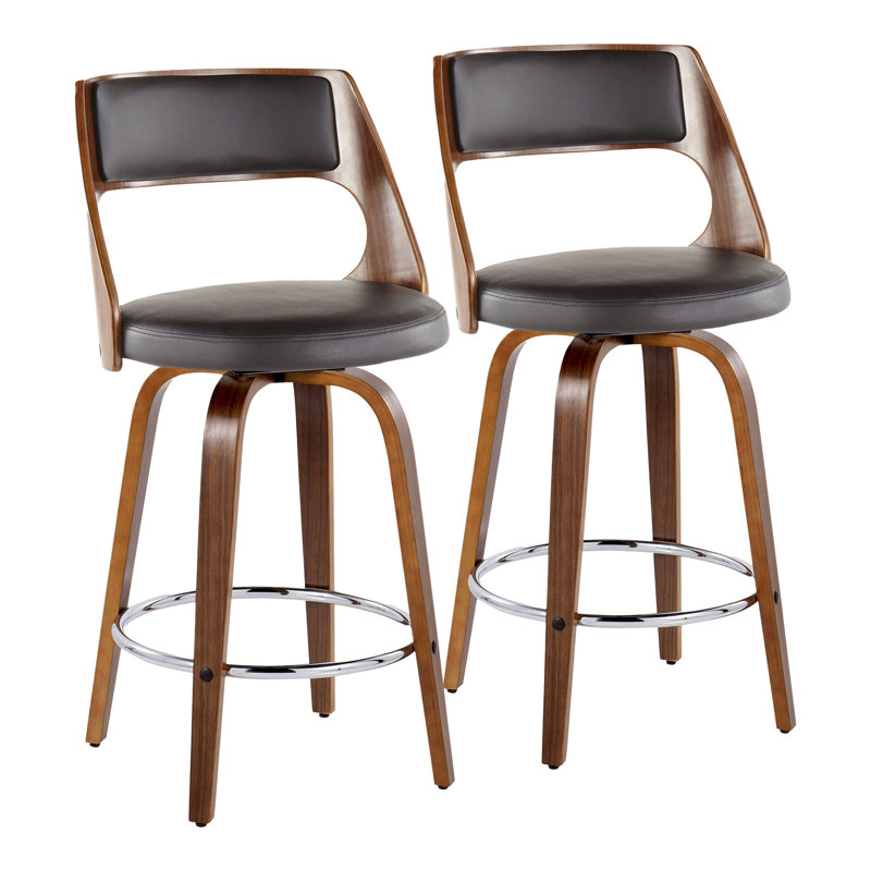 Betuel Swivel Upholstered Counter Stool, Brown Faux Leather/Walnut Frame, Counter Stool (25.25" Seat Height)