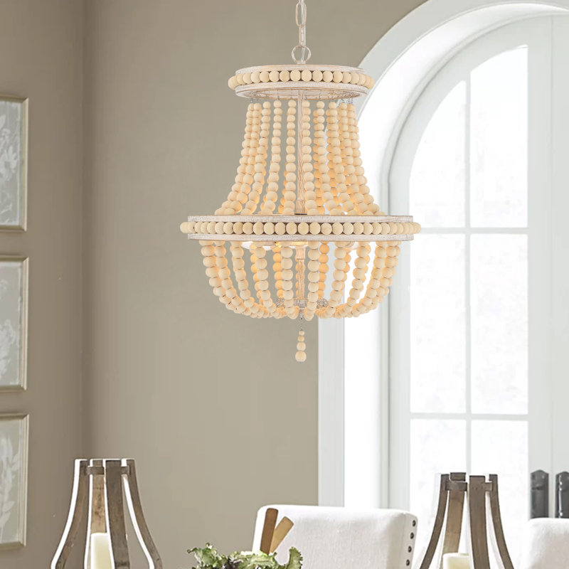 Geraldina 3-Light Empire Wood Bead Chandelier, White/Gold