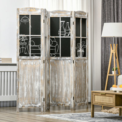 4 Panel Screens Privacy Partition Divider, 5.6' Tall Style With Black Boards, Portable Wood For Home Office Partition, Screen Living Room