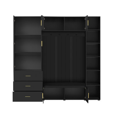American Style 4-in-1 Hall Tree with Padded Bench, 4 Hooks, and Adjustable Storage Shelves, for Mudroom, Hallway
