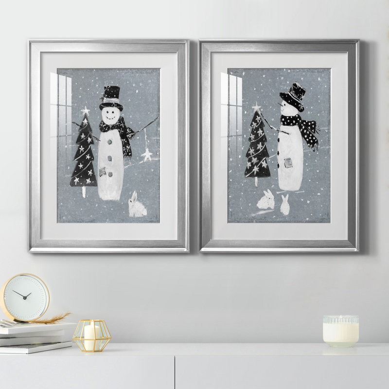 «Snowman Galvanized I», ensemble de 2 reproductions, Blanc, Papier avec cadre argenté, H 30,5 po x l 85 po x P 1,5 po