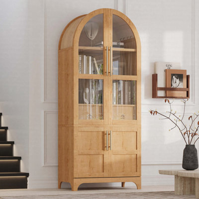 71" Tall Arched Kitchen Pantry Cabinet with Door Shelves, Farmhouse Kitchen Storage Cabinet with Open & Adjustable Shelves, Hidden Drawer & Glass Door, Cupboard