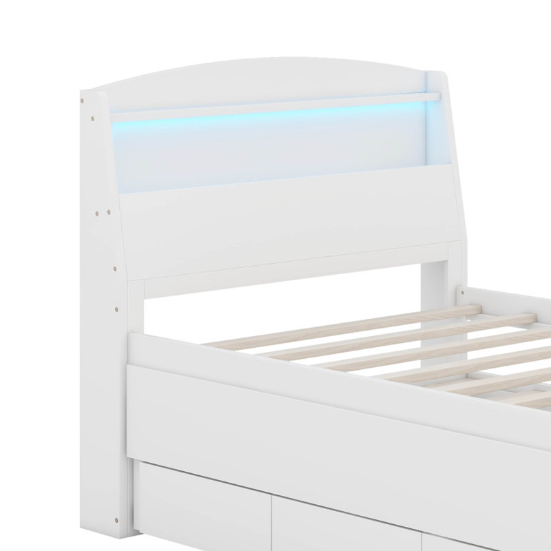 Lit plateforme avec tête de lit à DEL avec rangement, lit gigogne simple et tiroirs, Lit simple