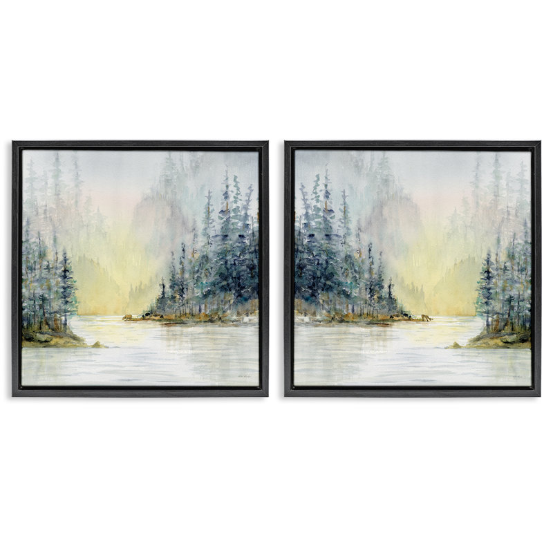 «Distant Deer Bear Pine Trees», ensemble de 2 toiles flottantes encadrées par Paul Brent, Cadre flottant noir de jais