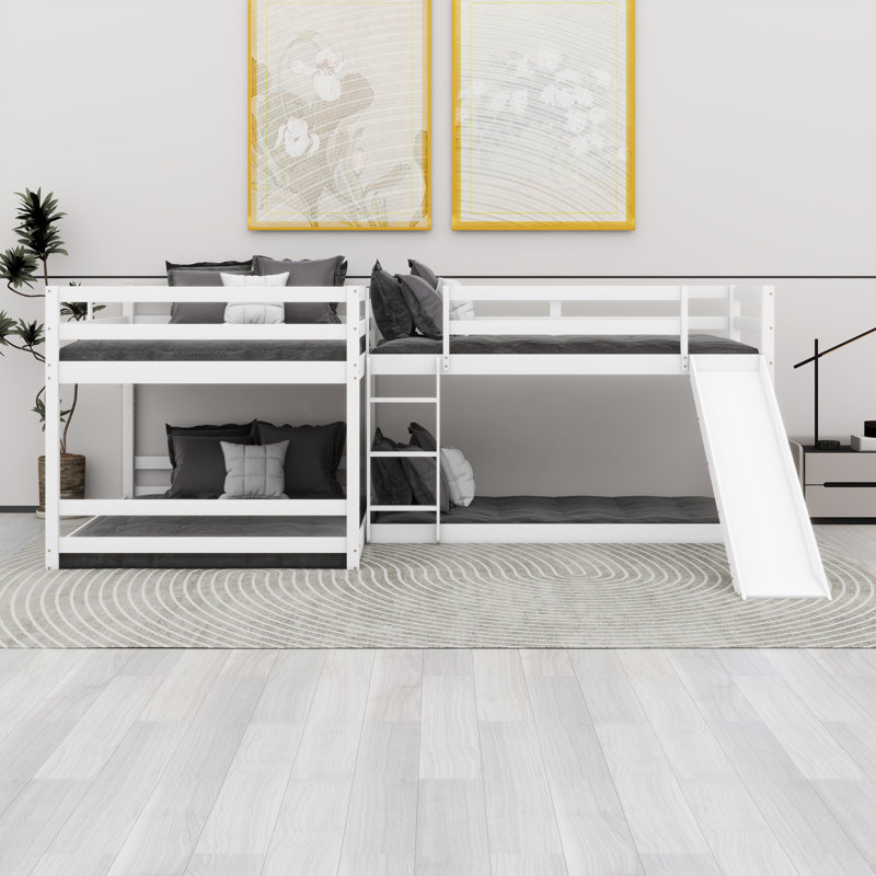 Lit superposé en L polyvalent avec glissade et échelle courte, White