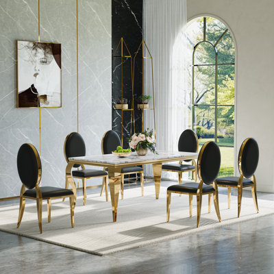 Ensemble de salle à manger 7 pièces moderne avec plateau en faux marbre et chaises rembourrées - pieds et sièges en acier inoxydable 6