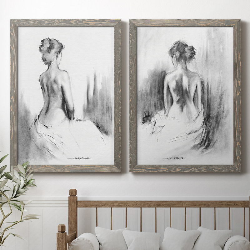 «Soft Silhouette I», ensemble de 2 reproductions d'art, Toile avec cadre érable, H 31,5 po x l 47 po, Gris