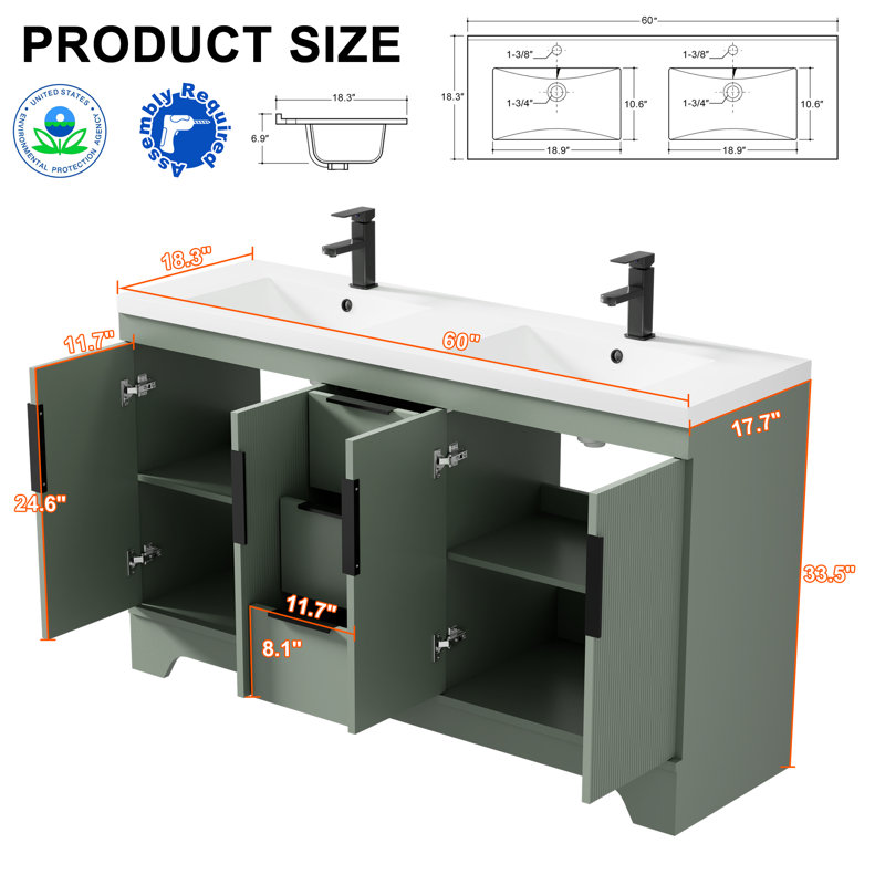60" Double Sink Bathroom Vanity Set With Resin Sink Top, Faucet, Assembly Required, Sage Green
